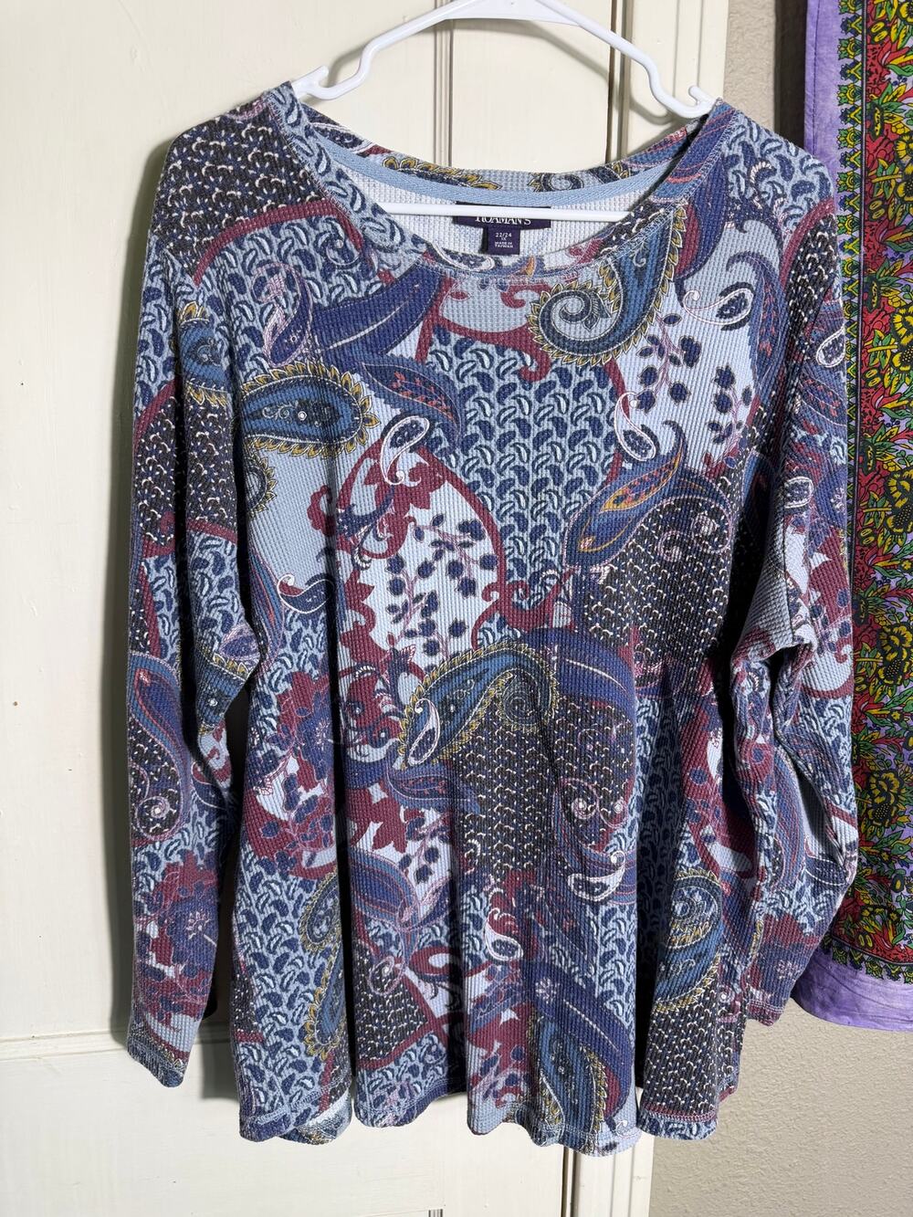 Roaman's Womens 22/24 1X Paisley Waffle Knit Top Rhinestone Embellished Boho